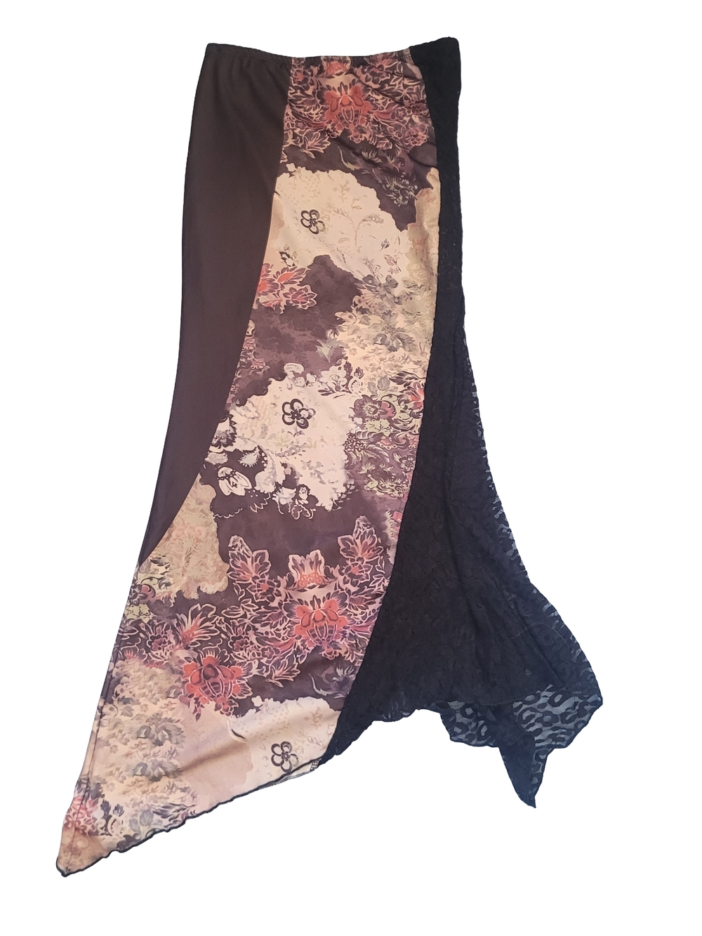 Asymmetrical Floral Panel Maxi Skirt - Black & Cream Whimsygoth